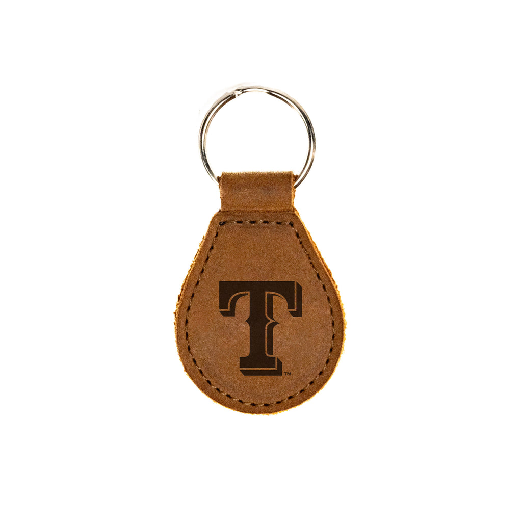 Texas Rangers Leather Keychain in Tobacco with T logo and silver key ring, front view