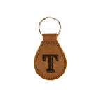 Texas Rangers Leather Keychain in Tobacco with T logo and silver key ring, front view