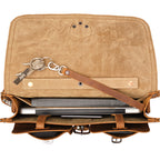 Thin Front Pocket Leather Briefcase in Tobacco, top view open showing a laptop and key leash with keys inside