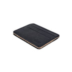 Front Pocket Leather ID Wallet in Black lying at an angle to show its thin profile and natural edge