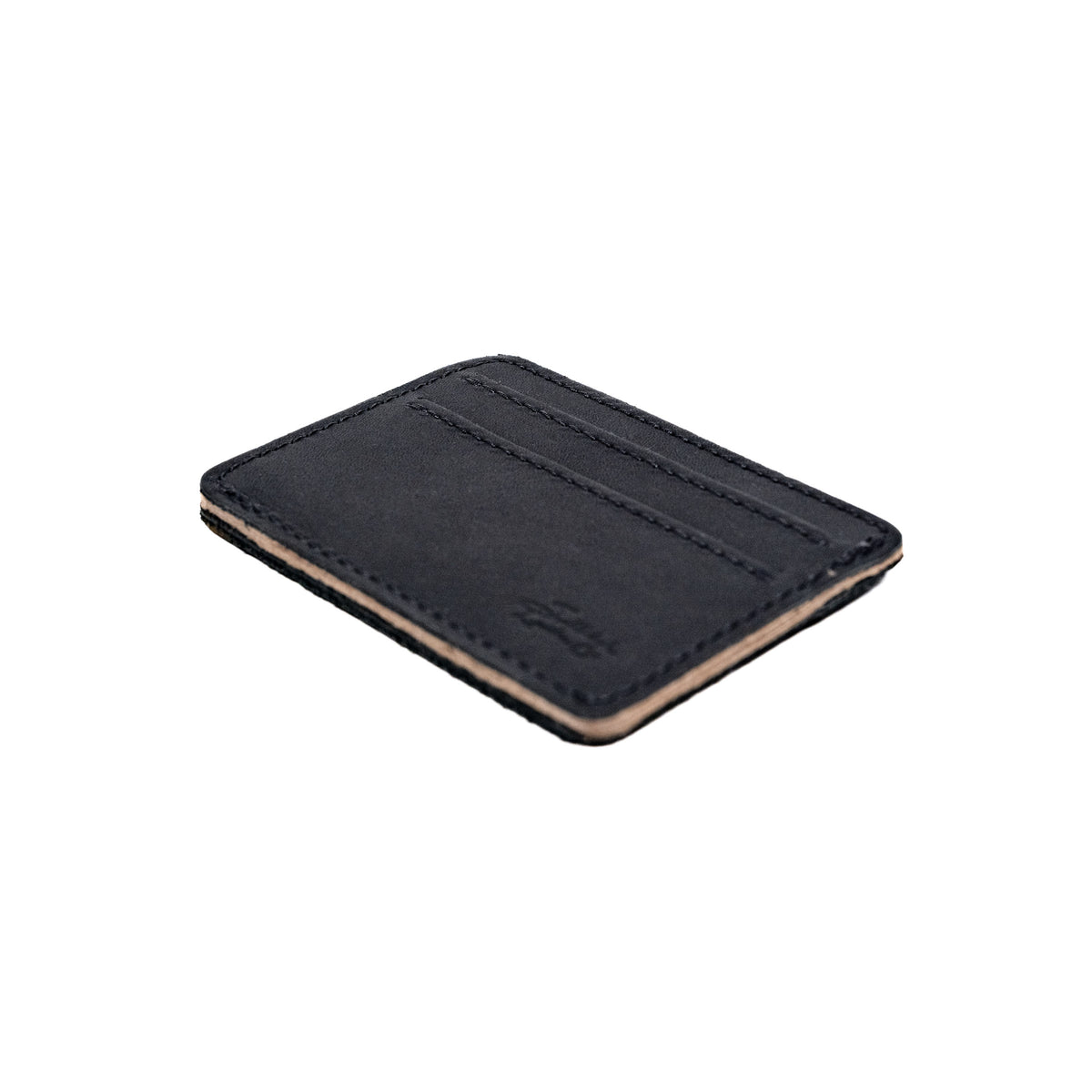 Front Pocket Leather ID Wallet in Black lying at an angle to show its thin profile and natural edge