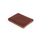 Front Pocket Leather ID Wallet in Chestnut lying at an angle to show its thin profile and natural edge