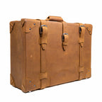 Grandfather Medium Suitcase in Tobacco, angled front view with three buckle straps and top handle