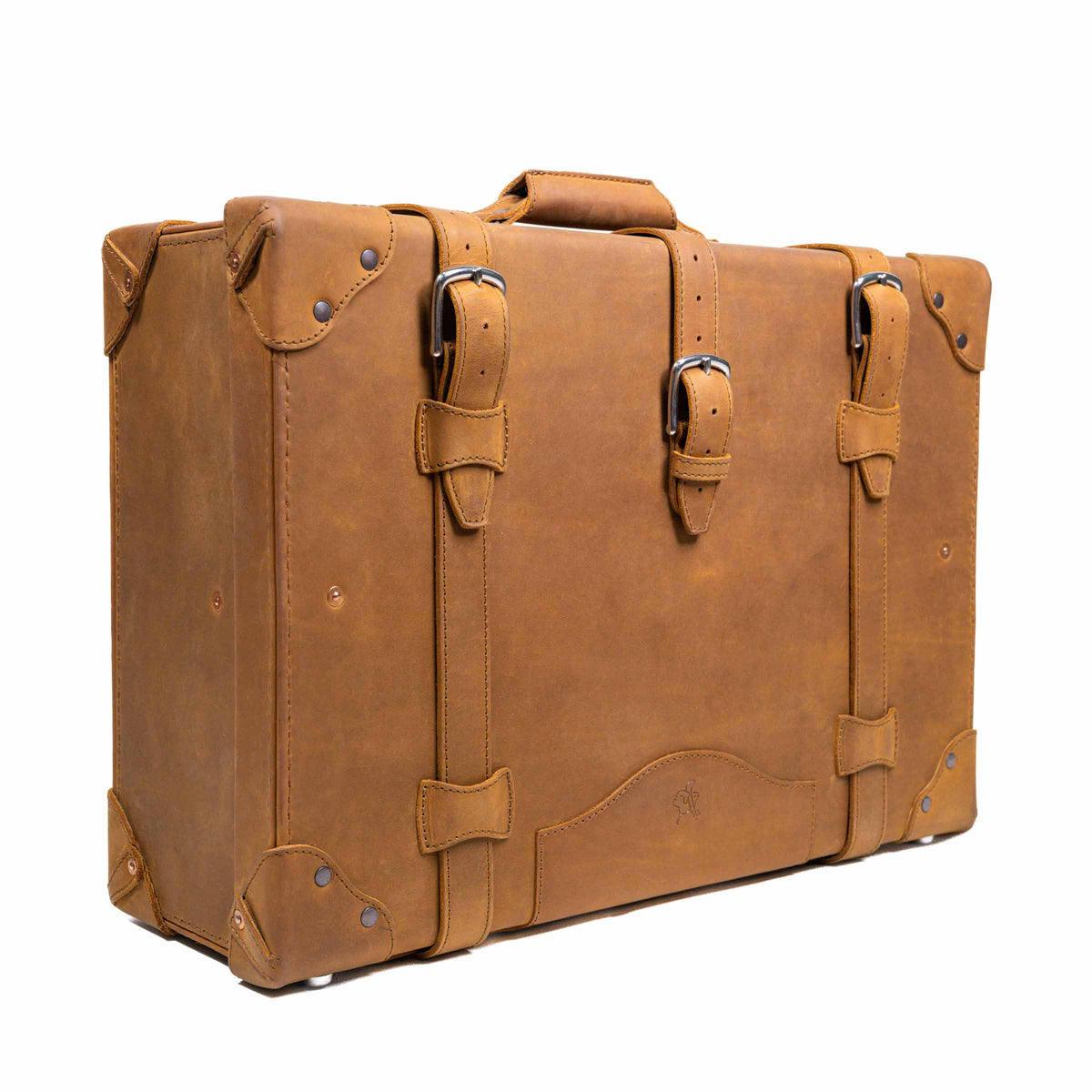 Grandfather Medium Suitcase in Tobacco, angled front view with three buckle straps and top handle