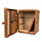 Leather Small Trunk in Tobacco, open upright on its side with shelf rails, removable divider and two buckled pockets