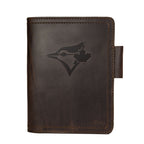 Leather Journal Cover - Toronto Blue Jays in Dark Coffee Brown, front cover with embossed Blue Jays bird logo and pen loop