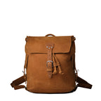 16" Drawstring Backpack in Tobacco, front view with buckled flap, drawstring ties and side pockets