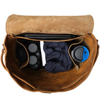 16" Drawstring Backpack in Tobacco, top view open with binoculars, a sweater and a travel mug inside