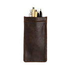 Bear Trap Leather Pen Case in Dark Coffee Brown, upright front view holding pens and a mechanical pencil