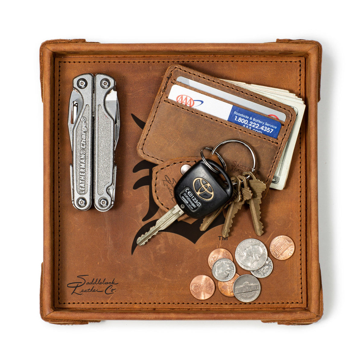 Detroit Tigers Leather Valet Tray in Tobacco, top-down view holding a multi-tool, card wallet, keys and coins