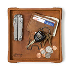Los Angeles Angels of Anaheim Leather Valet Tray in Tobacco, top-down view holding a multi-tool, card wallet, keys and coins
