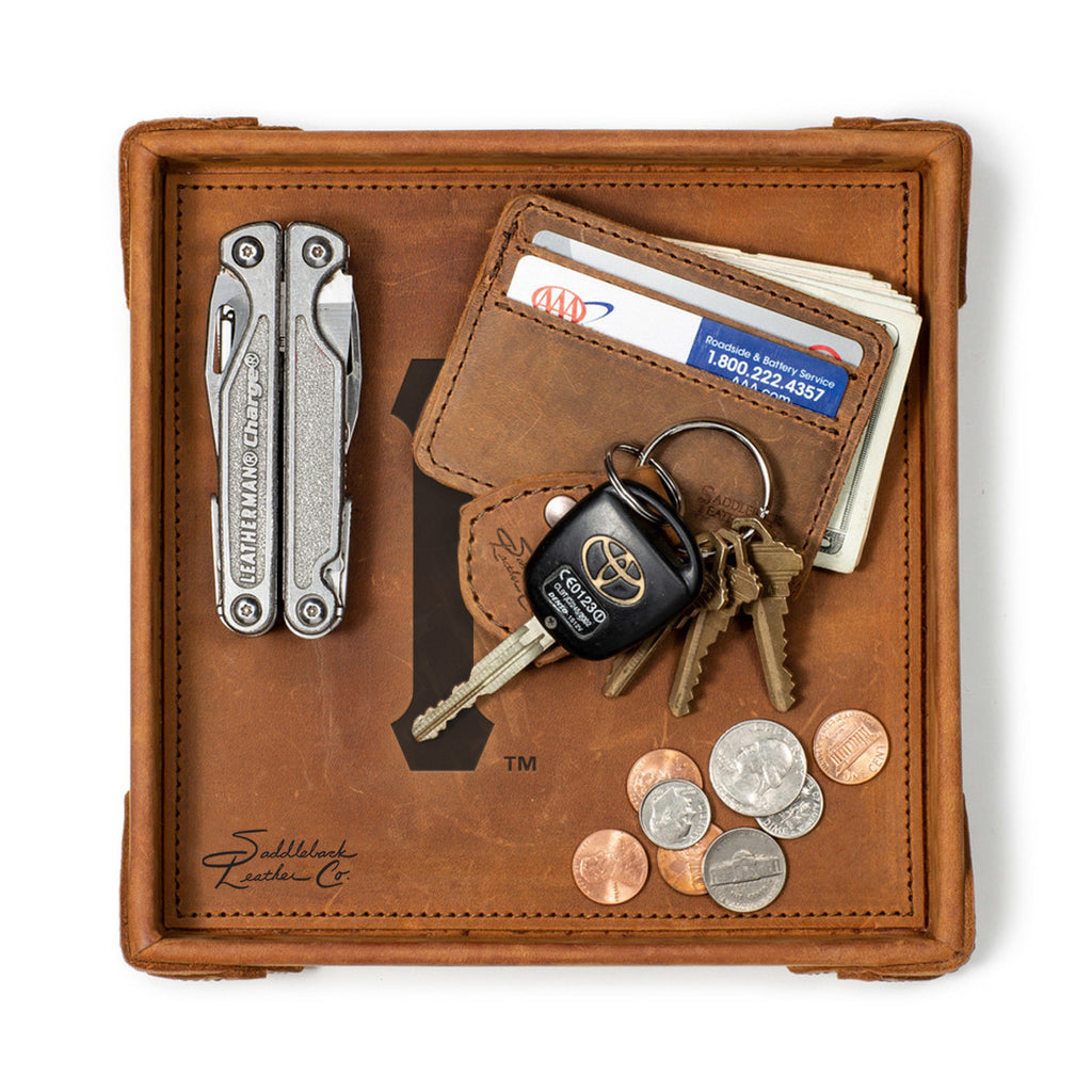 Pittsburgh Pirates Leather Valet Tray in Tobacco, top-down view holding a multi-tool, card wallet, keys and coins