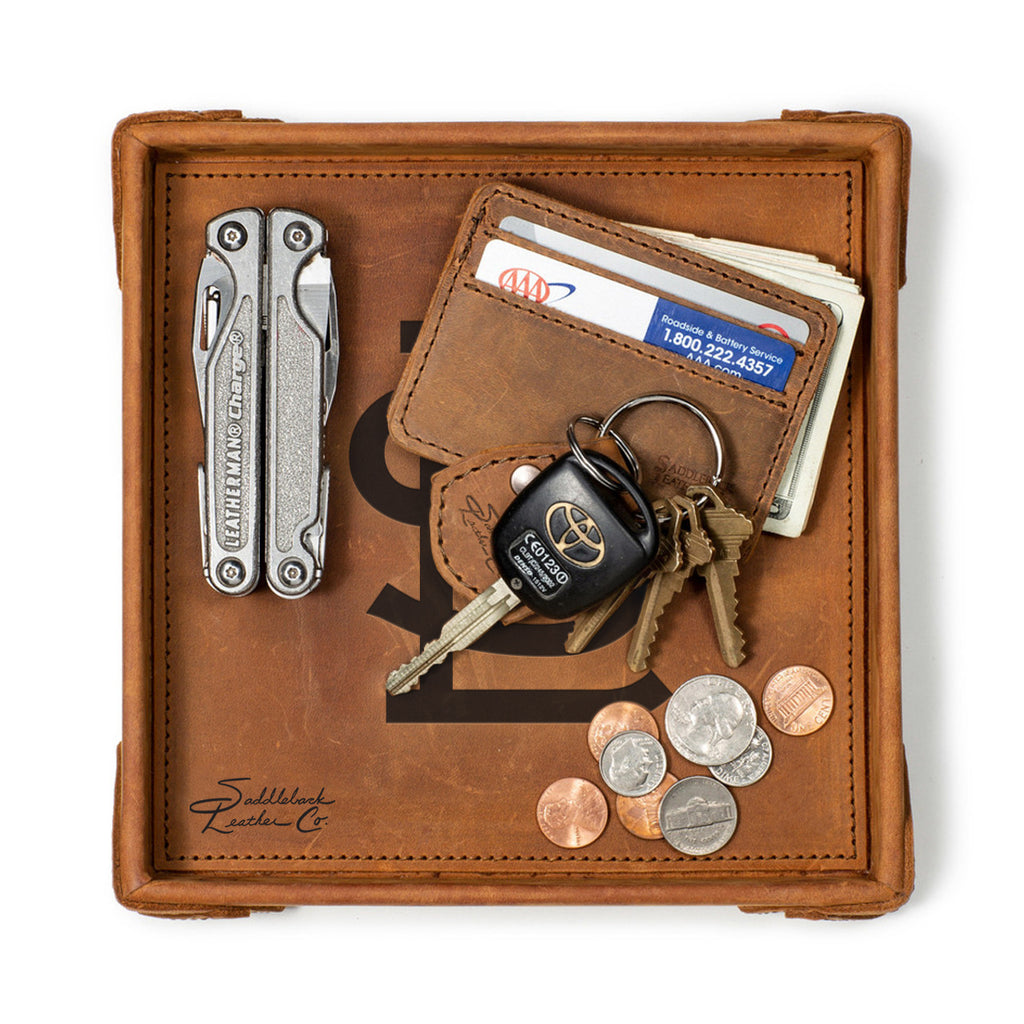 St. Louis Cardinals Leather Valet Tray in Tobacco, top-down view holding a multi-tool, card wallet, keys and coins