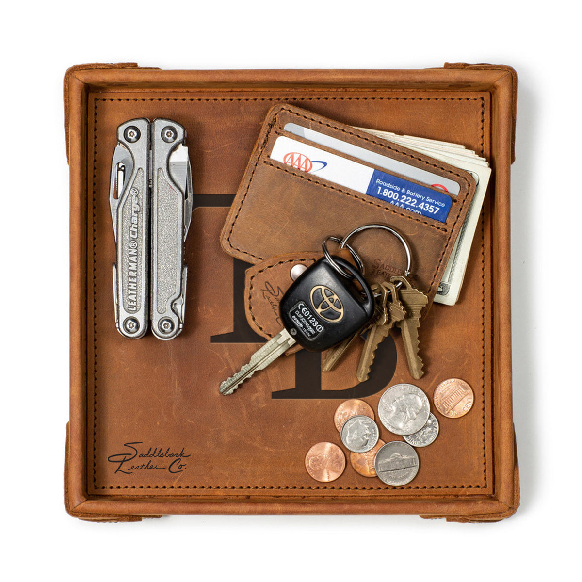 Tampa Bay Rays Leather Valet Tray in Tobacco, top-down view holding a multi-tool, card wallet, keys and coins