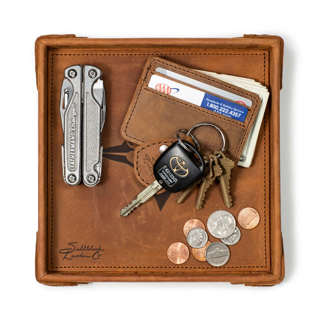 Toronto Blue Jays Leather Valet Tray in Tobacco, top-down view holding a multi-tool, card wallet, keys and coins