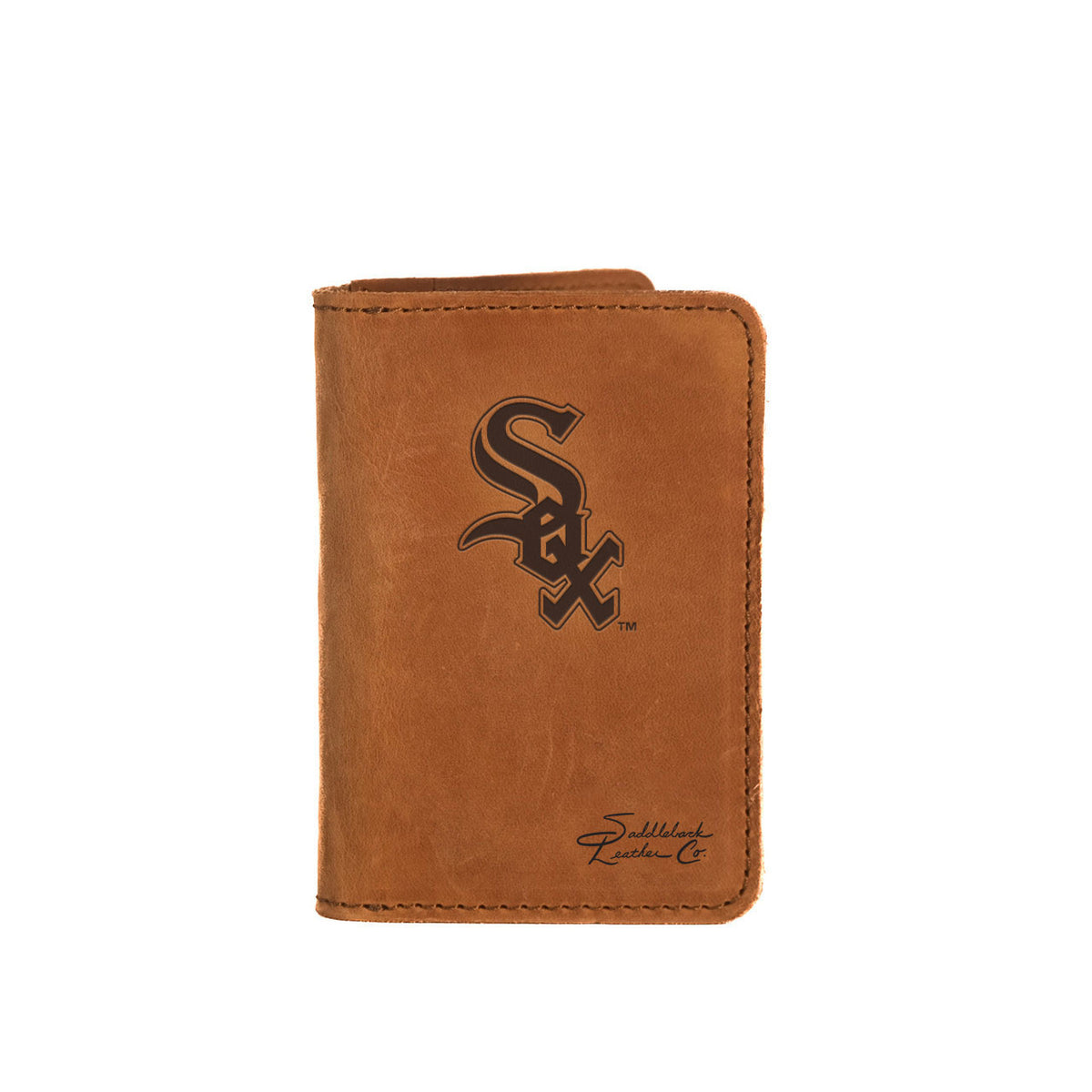 Leather Business Card Holder in Tobacco with embossed Chicago White Sox Sox logo, closed with a card peeking out