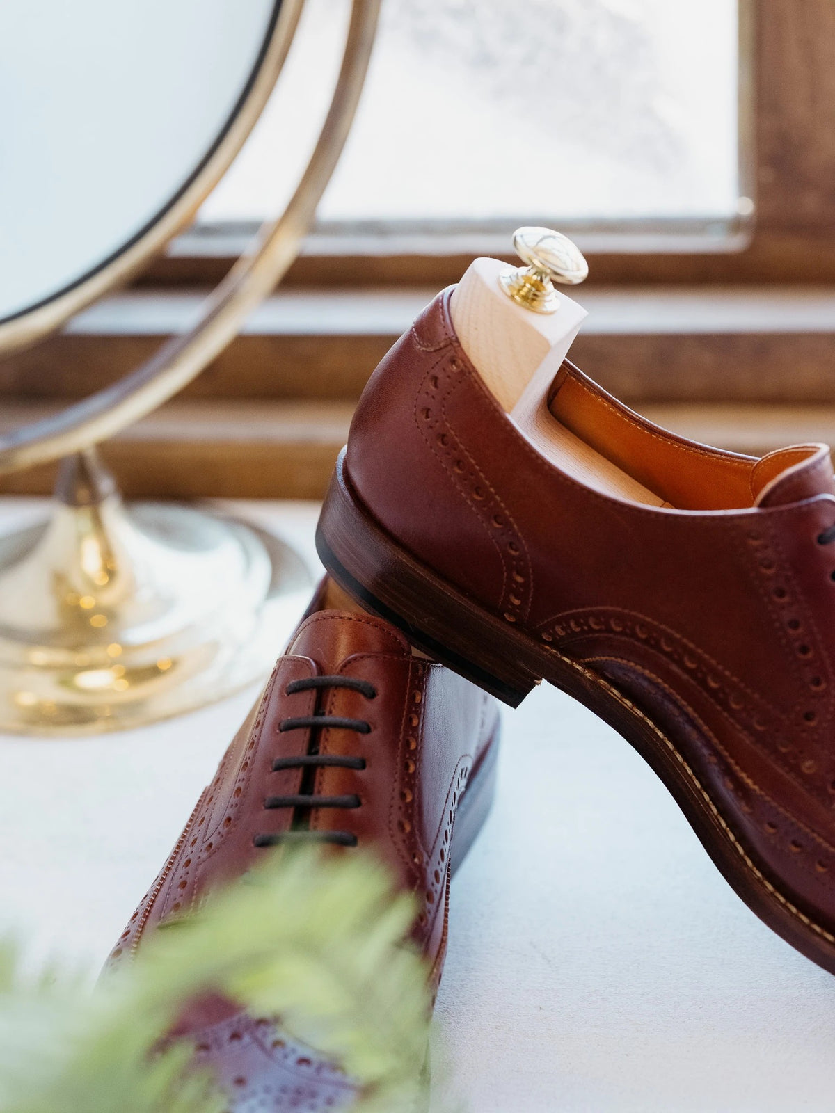 Wingtip Shoes - Chestnut, heel and side view with a wooden shoe tree, propped on the other shoe by a brass mirror